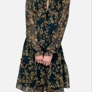 Anthropologie Drew Fern Floral Chiffon Tiered Cottage Boho Smocked Dress
